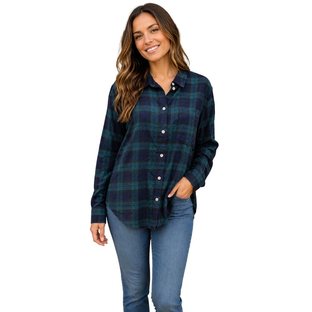 J crew light navy blue green plaid flannel sz L career winter casual NWOT preppy
